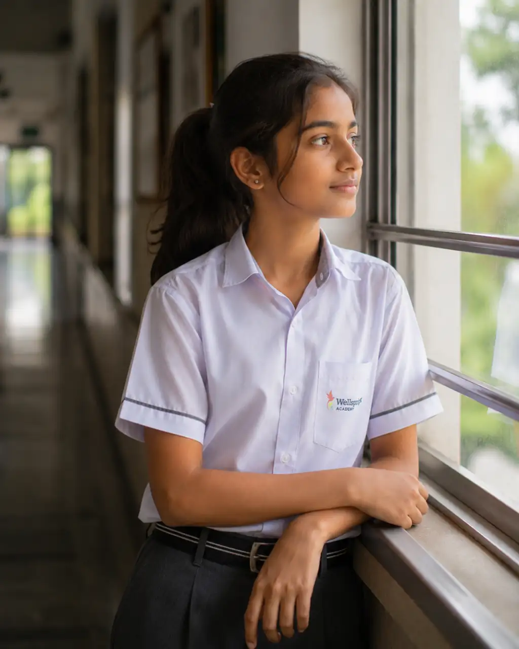 A Wellsprings student watching the world from a corridor window