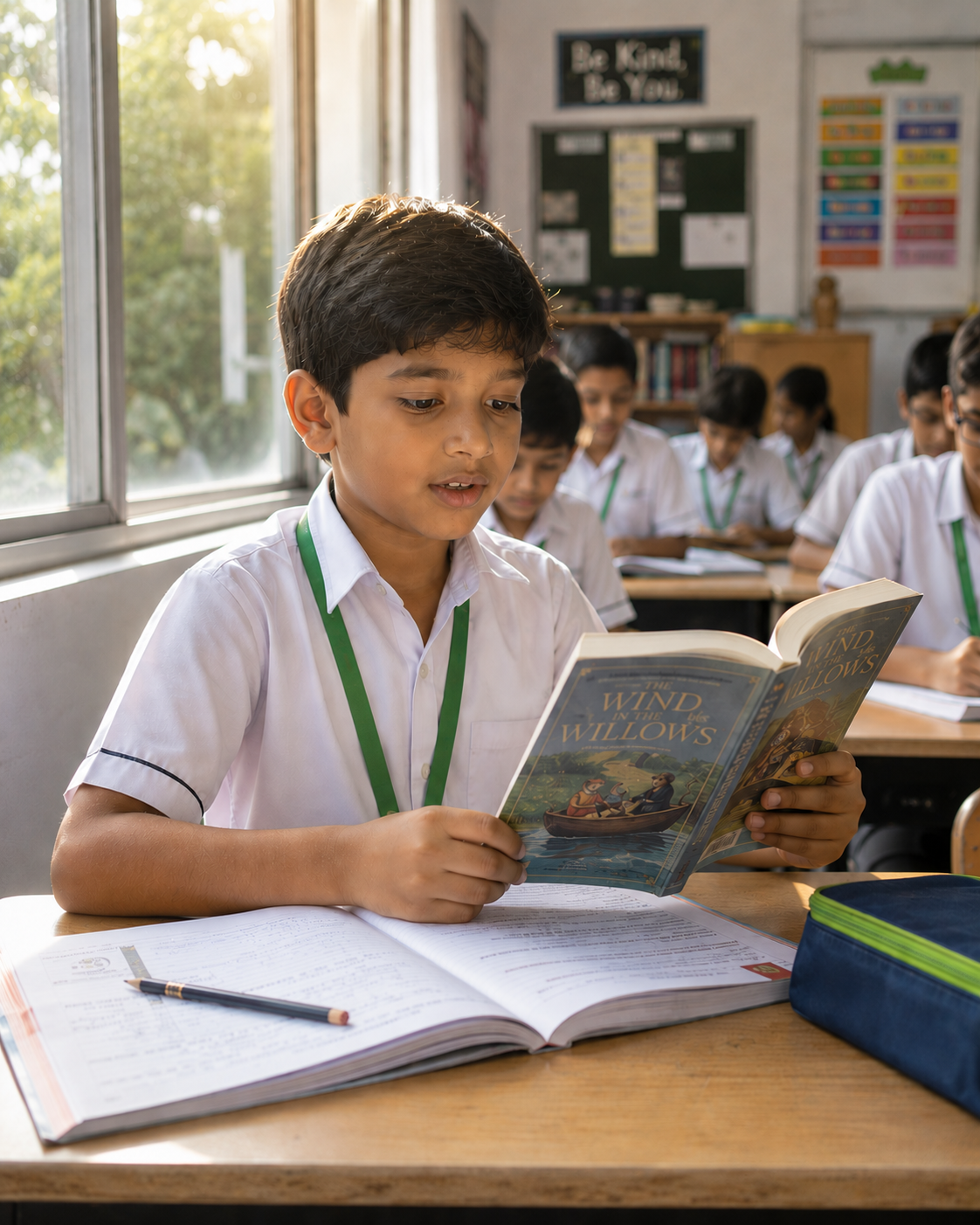 A Wellsprings student reading by a sunlit classroom window