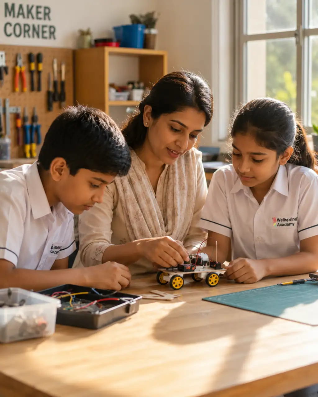 A teacher working alongside students at the maker corner