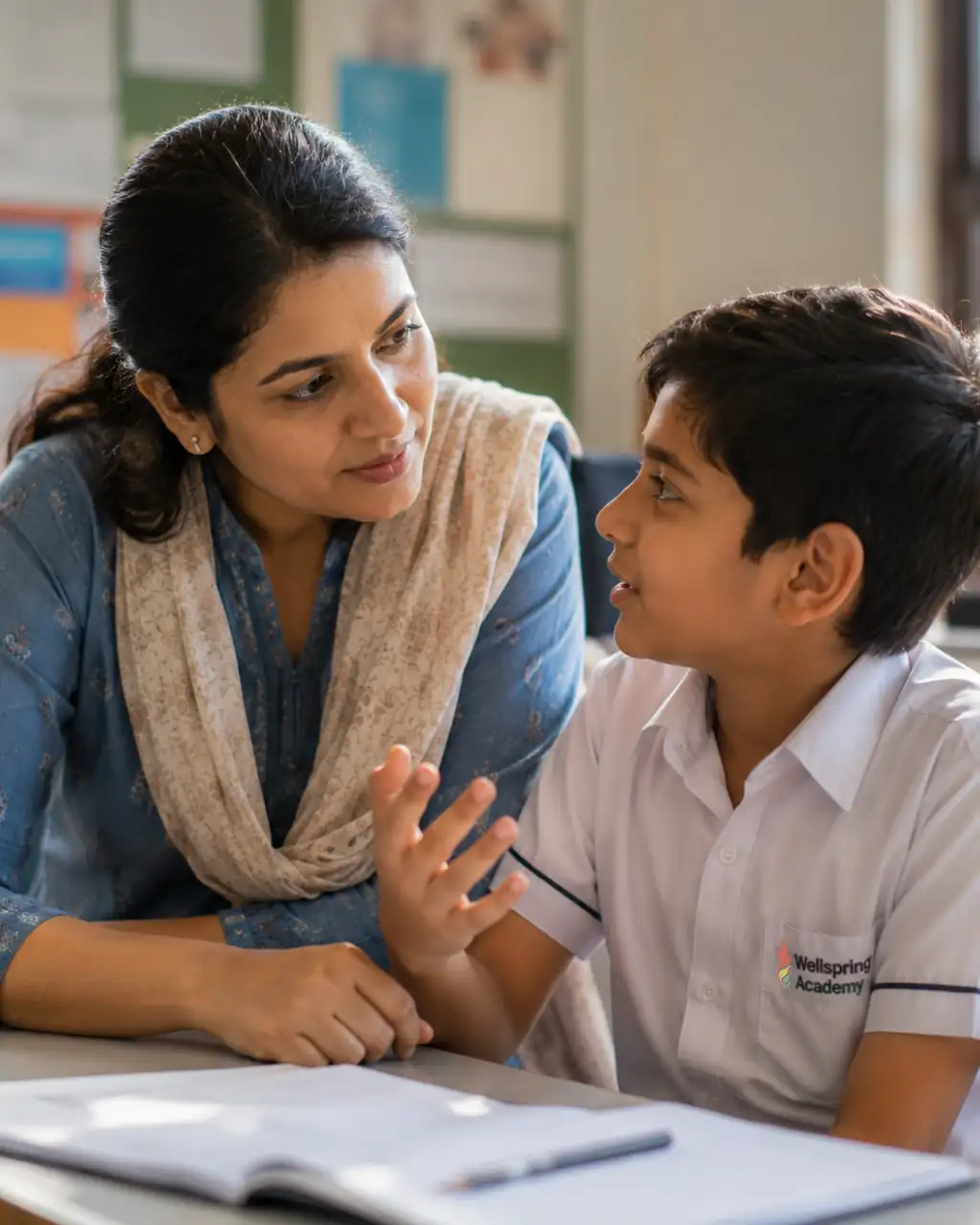 A teacher leaning in to listen to a student's idea