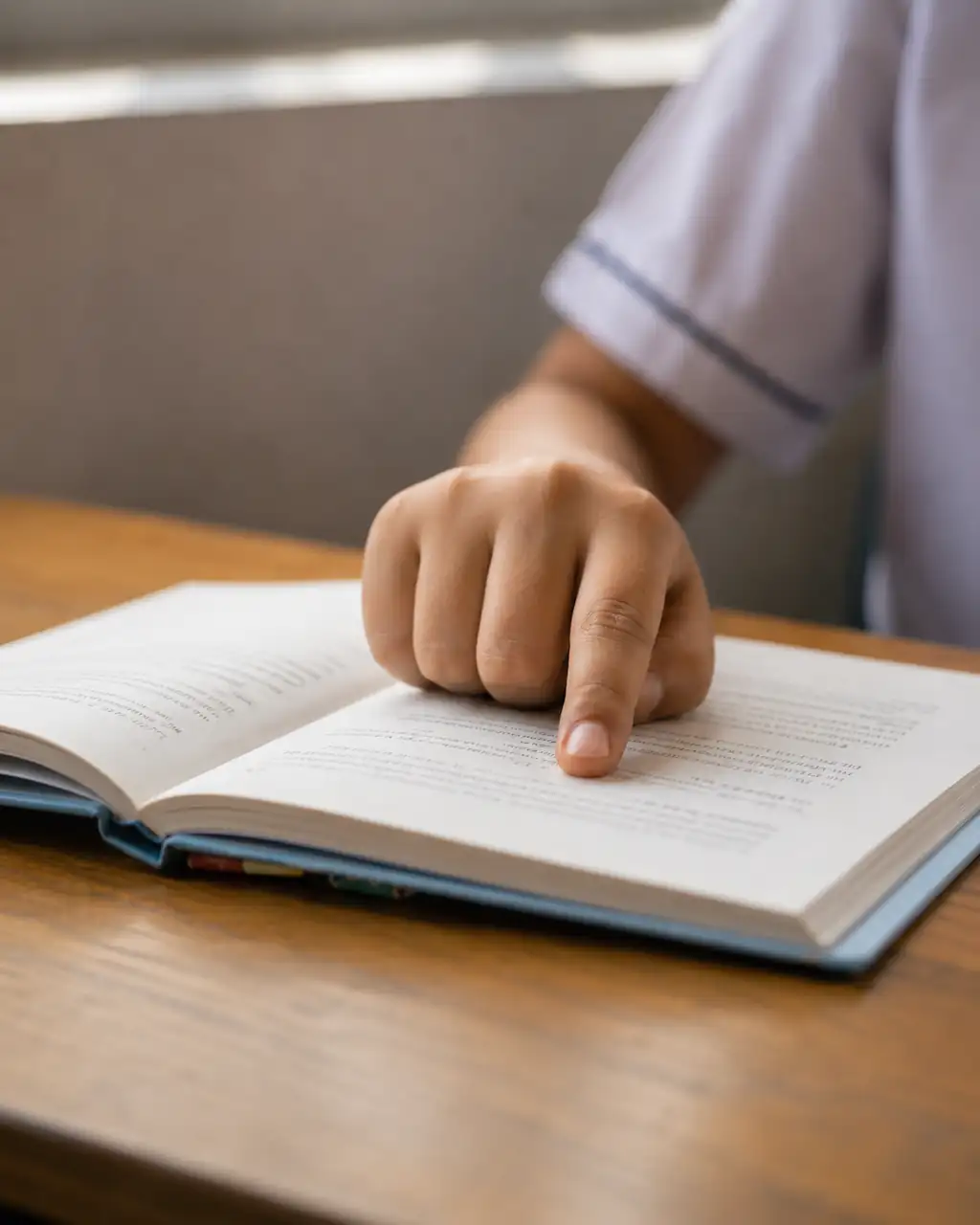A finger tracing a line of text in a book