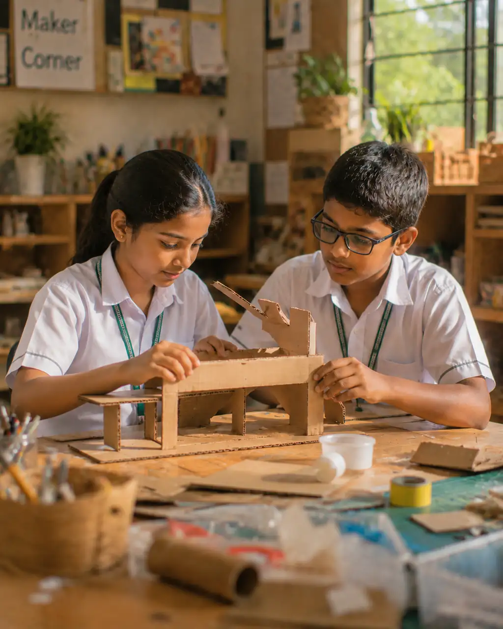A Wellsprings student building at the maker corner