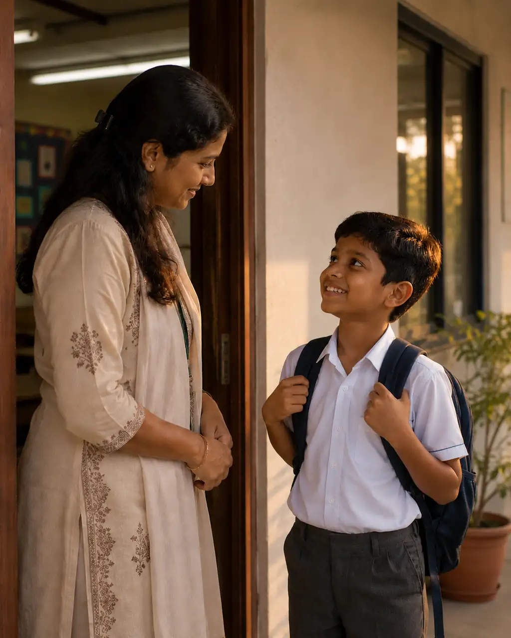 A teacher and student in conversation at a Wellsprings classroom doorway