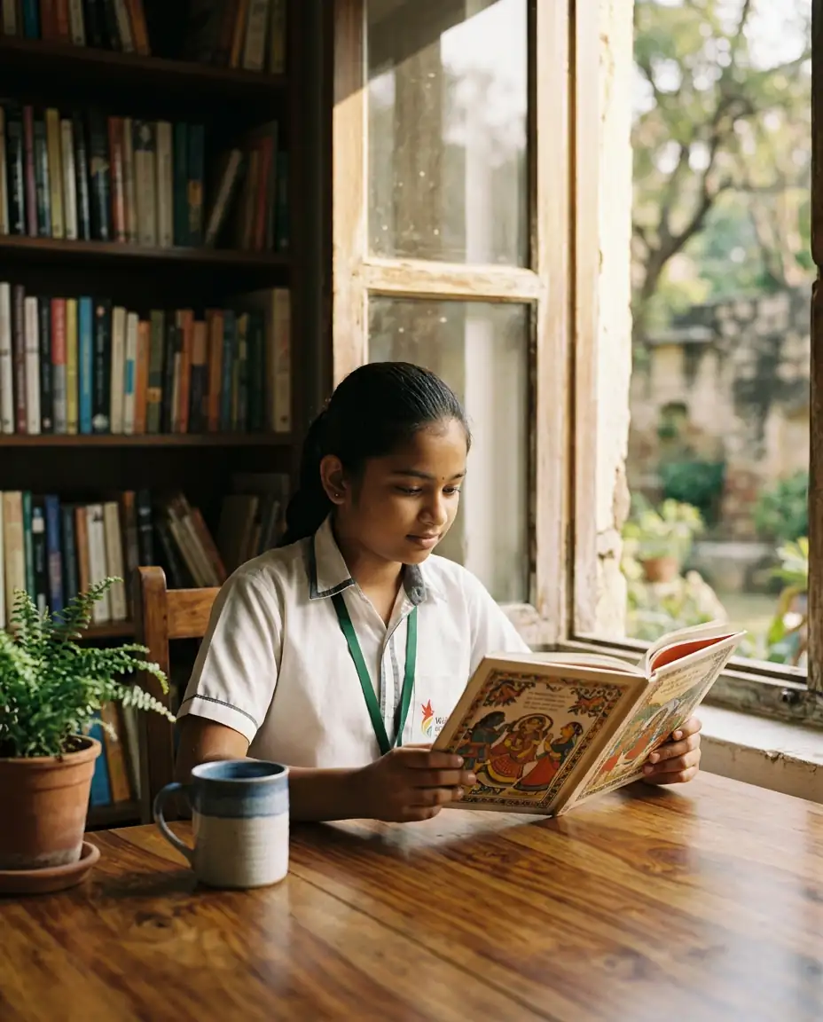 A Wellsprings Academy student reading by a sunlit window