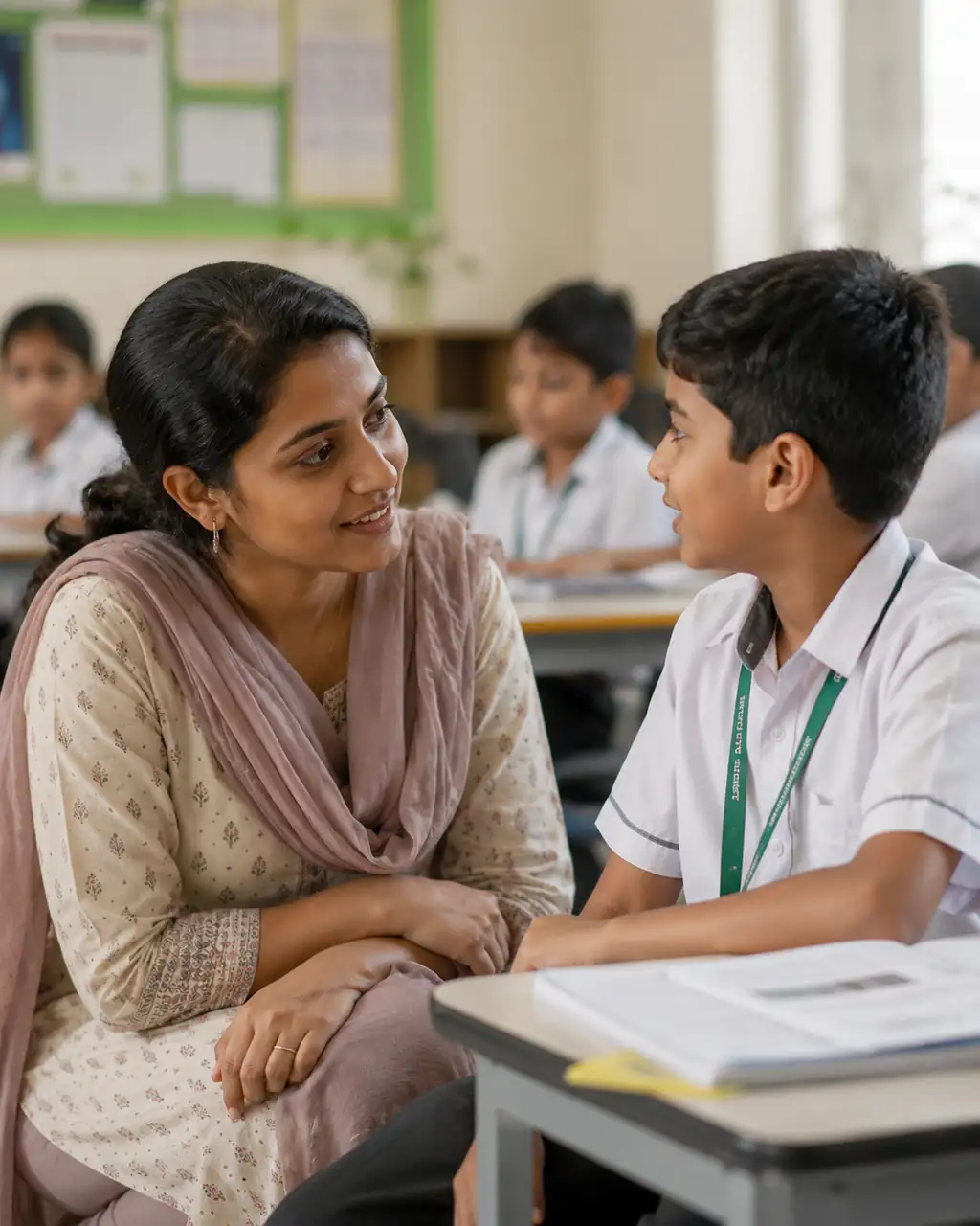A teacher and student at Wellsprings Academy in conversation