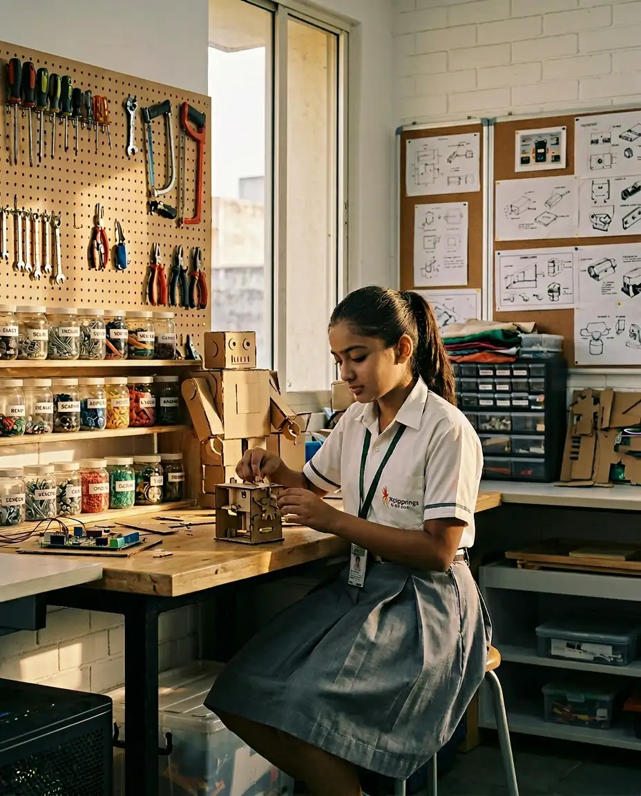 A Wellsprings Academy student building in the maker corner