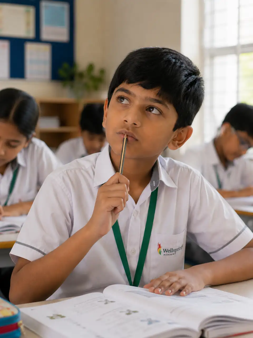 A Wellsprings child mid-thought during a reading block