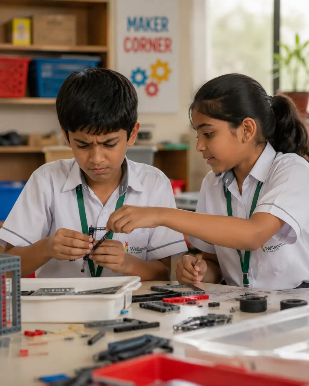Two children at the maker corner working on a small build
