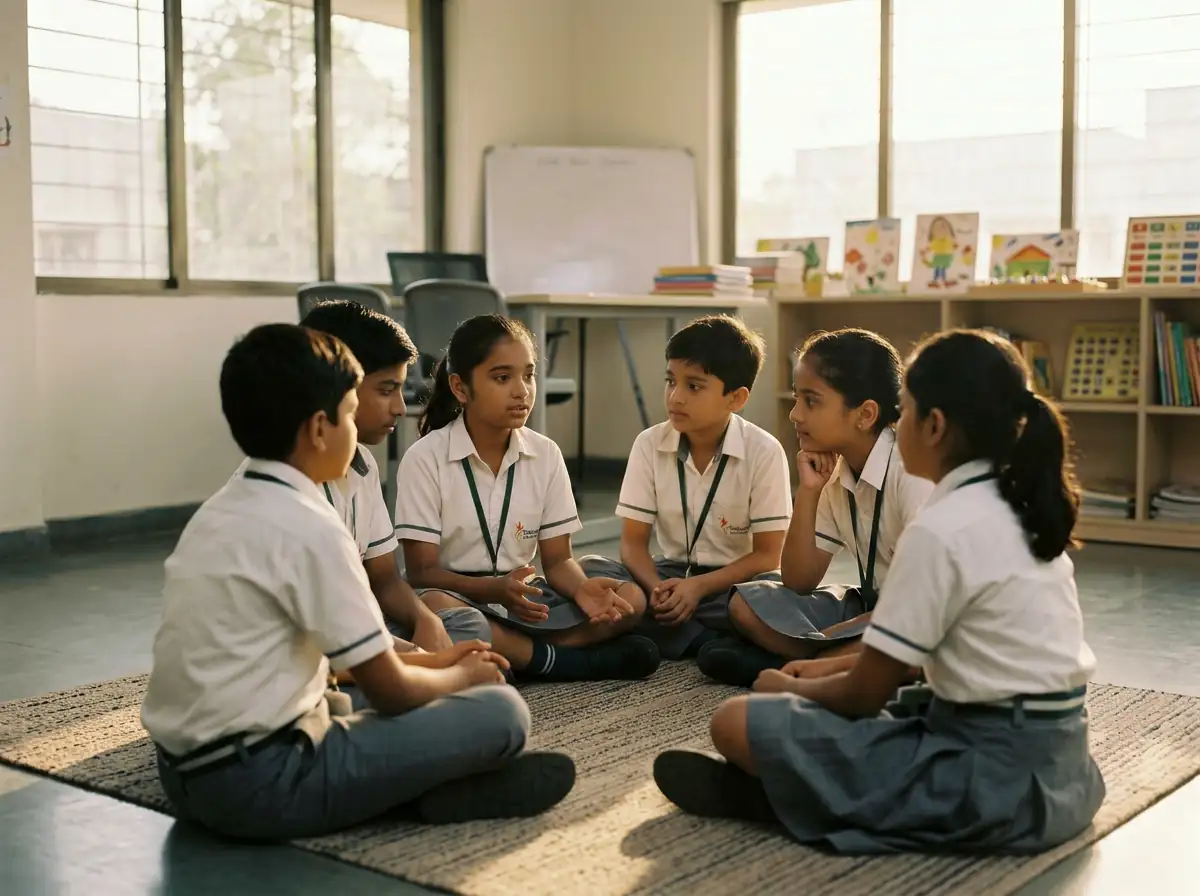 Children sitting in a closing circle at the end of a school day